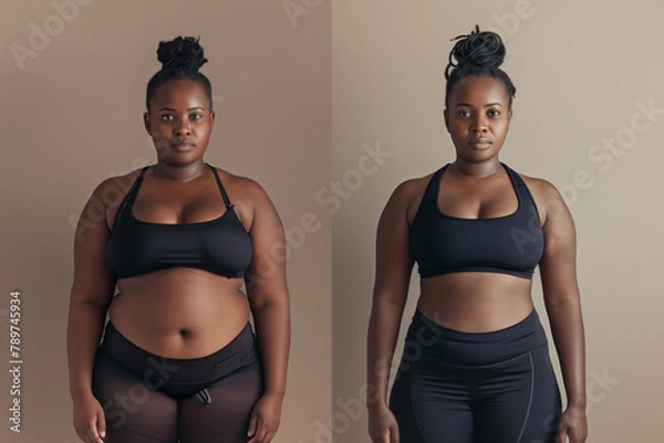 Fototapeta Before and after weight loss health exercise photos comparing a woman's progress