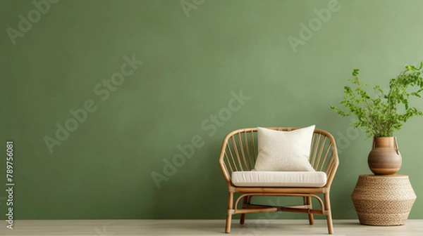 Fototapeta Wooden table wicker chair against green wall with space for text. Interior design of modern living room. Generative AI