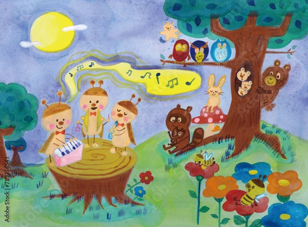 Fototapeta 虫が演奏会を開いているイラスト