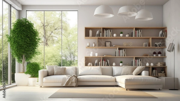 Fototapeta Minimalist style home interior design of modern living room. White corner sofa against floor to ceiling window near shelving unit. Generative AI