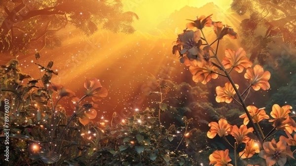 Fototapeta A digital print of a golden hour landscape with a jatropha plant growing prominently in the foreground. The plants leaves and flowers appear to be made of glittering jewels creating .