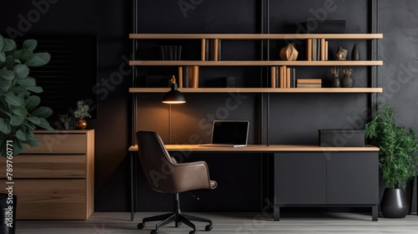 Fototapeta Workplace with wooden desk and black chair against of black wall with shelving unit. Interior design of modern scandinavian home office. Generative AI