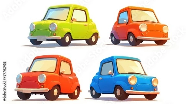 Fototapeta Cartoon cars in a vibrant dynamic style set against a clean white backdrop