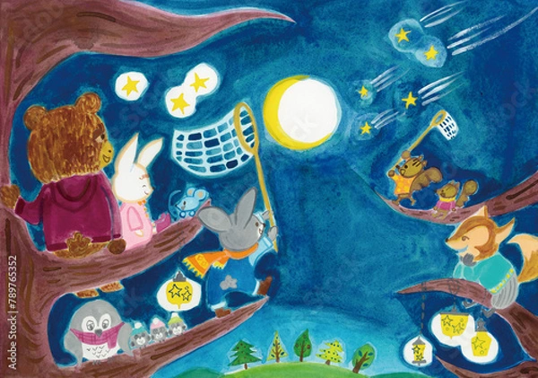 Obraz 星を捕まえようとしている動物たちのイラスト