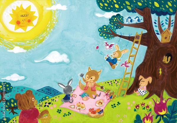 Fototapeta 春の日にピクニックをしている動物たちのイラスト