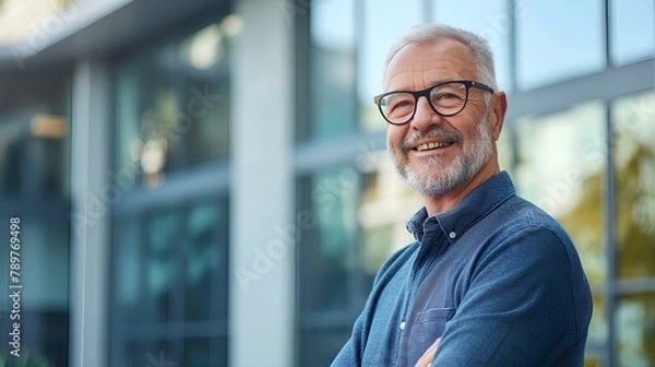Fototapeta Portrait of smiling senior man in casual shirt and glasses standing against modern office building, looking at camera with copy space. Smiling middle aged business concept. generative AI