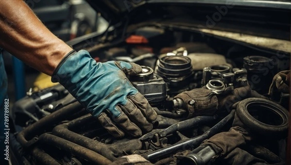Fototapeta car mechanic changing engine