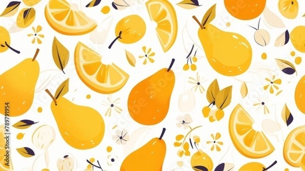 Fototapeta A vibrant and lively pattern features a playful cartoon mango against a white backdrop This cheerful design includes a vivid slice of this delicious fruit perfect for embellishing m