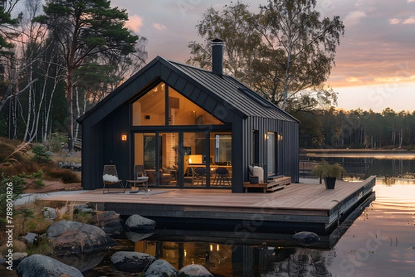 Fototapeta Contemporary house by the lake in forest. Cozy house in scandinavian style with large windows. Modern architecture. Cottage or chalet surrounded by nature. Travel and leisure
