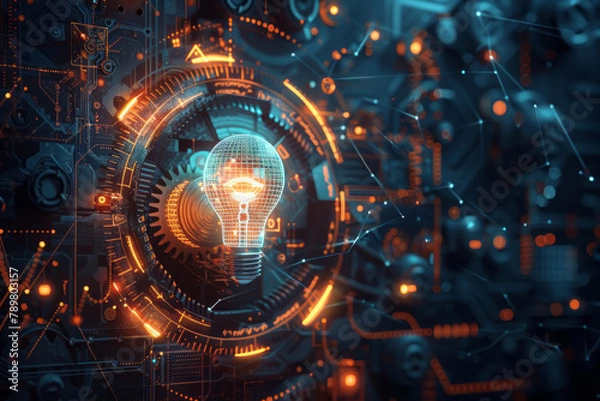 Obraz A glowing light bulb is surrounded by a circle of gears