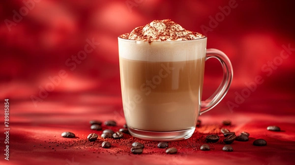 Obraz 赤色の無地の背景にカフェオレの商品写真 < Generative AI >