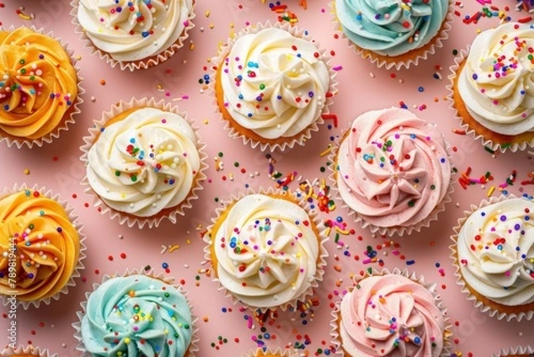Fototapeta cupcakes decorated with colorful sprinkles and topped with swirls of whipped cream