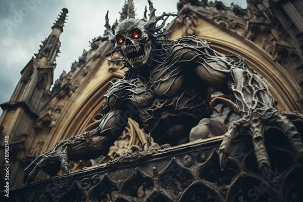 Fototapeta Demon figure carved into the facade of a historic cathedral, captured in sharp detail against a cloudy sky