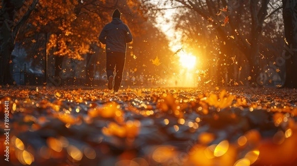 Fototapeta   A man jogs through the park at sunset The sun casts golden rays, filtering through the trees and leaves, painting the ground beneath them