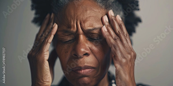 Obraz a middle aged black woman is holding her head in pain, generative AI