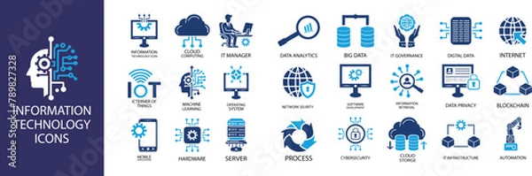 Obraz Information Technology icon set. Containing cloud computing, IT manager, big data, data analytics, internet, network security and more. Solid vector icons collection