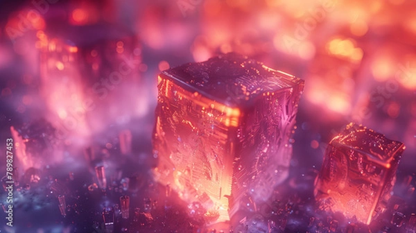 Obraz パステルカラーのネオンとクリスタルが融合したホログラフィックの抽象的な3Dレンダリング < Generative AI >