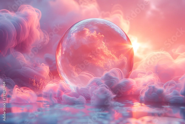 Obraz パステルカラーの背景に透明の球体の3Dレンダリング空間の背景 < Generative AI >