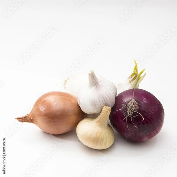 Fototapeta fresh vegetables garlic and onions isolated on the white