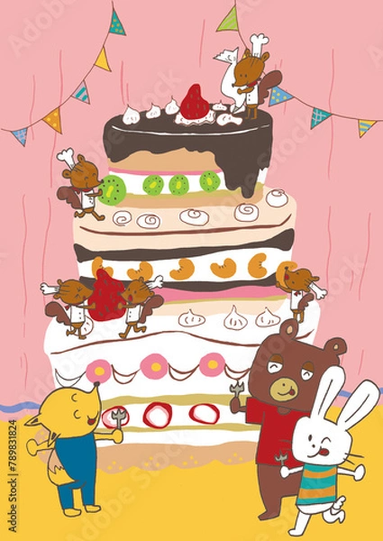 Obraz デコレーションケーキを食べようとしている動物たちのイラスト