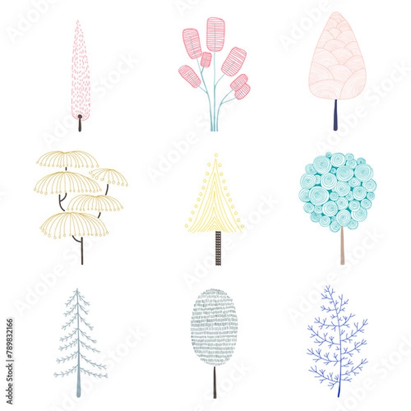Fototapeta Cute pastel pine tree sticker with a white border design element set