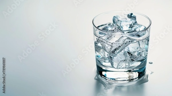 Fototapeta A single glass of a summer drink on a clean white background, focusing on the clarity and coolness of the beverage. 