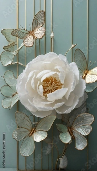 Obraz Gardenia Peony and butterfly close-up Art Deco