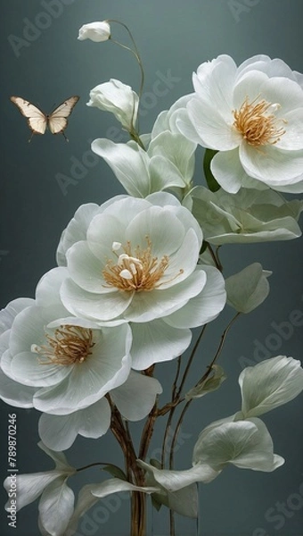 Obraz Gardenia Peony and butterfly close-up Art Deco