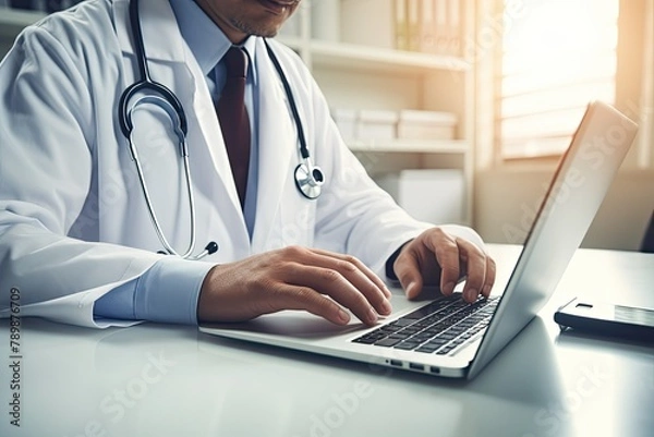 Obraz A doctor sitting at a desk and using a laptop computer in an office setting. Generative AI