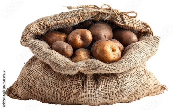 Fototapeta Rustic sack of fresh brown potatoes isolated on transparent background