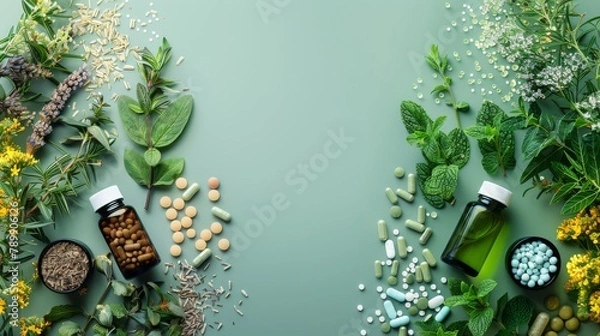 Obraz Assorted natural supplements and herbs on green background