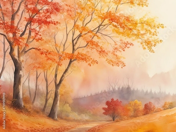 Fototapeta Free image of an abstract, watercolor-painted landscape with autumn leaves produced by artificial intelligence.
