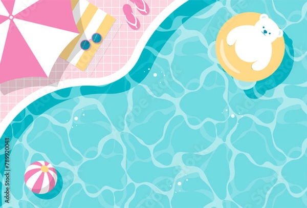 Fototapeta summer vector background with a polar bear floating in the swimming pool for banners, cards, flyers, social media wallpapers, etc.