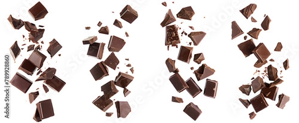 Fototapeta Set of pieces of dark chocolate falling close up on a white background