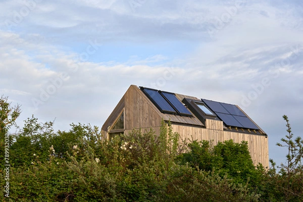 Fototapeta Environmentally friendly eco house with solar cells and photovoltaic. Sustainable vacation home in nature. Holland, Zeeland.