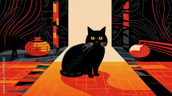 Fototapeta Mysterious Black Cat in a Stylish Room with Vibrant Red and Orange Tones