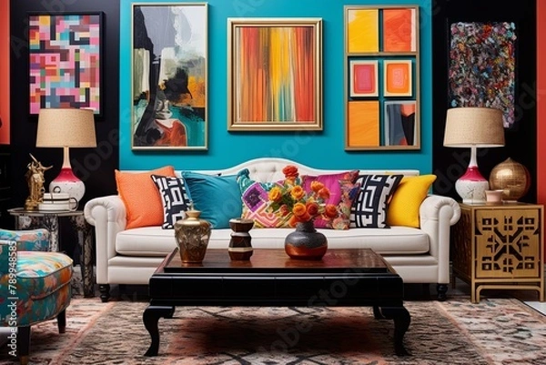 Obraz Eclectic Bazaar Living Room: Mixed Patterns, Vibrant Colors, Unique Artwork