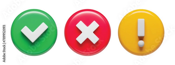 Fototapeta Acceptance, rejection and attention symbols in glossy circles set, 3d buttons. Right, wrong and exclamation check marks three-dimensional rendering vector illustration