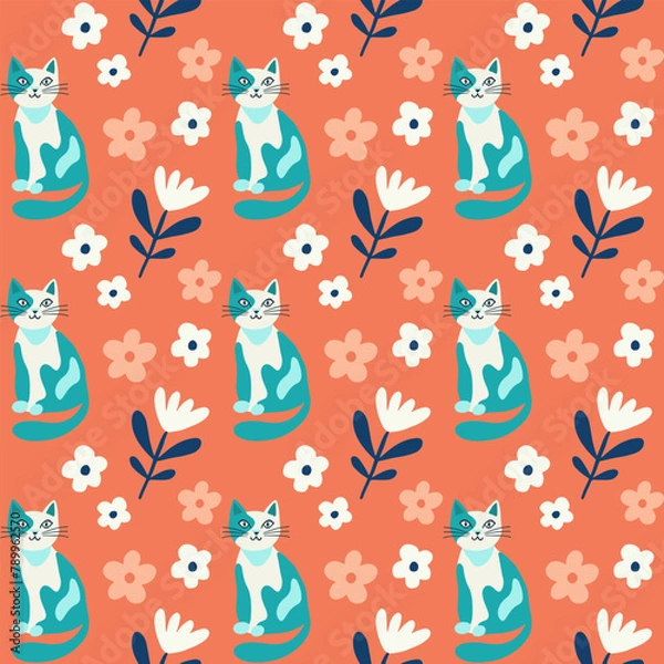 Obraz Seamless pattern vector image in flat cartoon style, cat and flowers, doodle vector