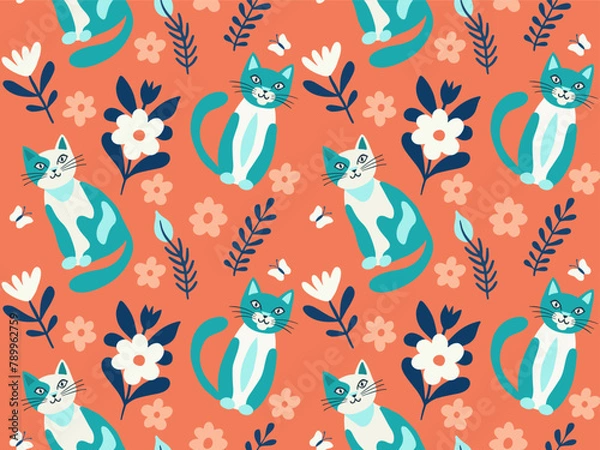 Fototapeta Seamless pattern vector image in flat cartoon style, cat and flowers on orange background