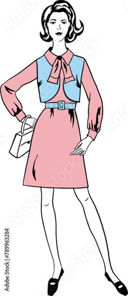 Obraz Vector fashion image young woman in retro vintage dress, with bag, silhouette with fillings can be edited
