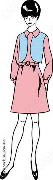 Obraz Vector fashion image young woman in retro vintage dress, silhouette with fillings can be edited