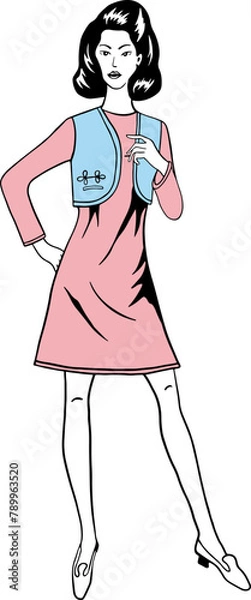 Obraz Vector fashion image young woman in retro vintage dress, silhouette with fillings can be edited