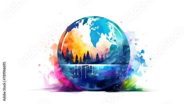 Fototapeta Colorful globe watercolor illustration. Environment save. Earth day. Save a planet. World tour
