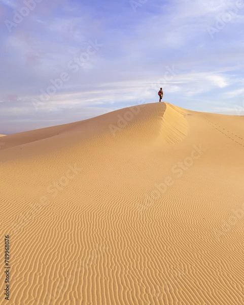 Obraz Aerial view over the dramatic sand dunes of the Parque Natural in the early morning sunshine near Corralejo in Fuerteventura Canary Islands Spain