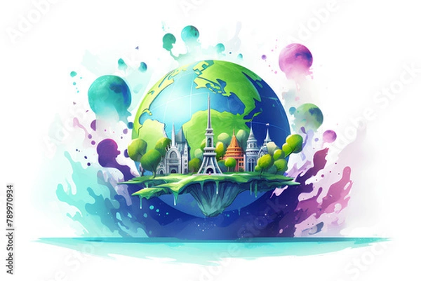 Fototapeta Colorful globe watercolor illustration. Environment save. Earth day. Save a planet. World tour
