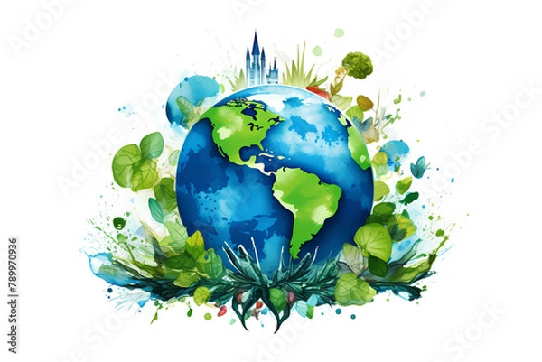 Fototapeta Colorful globe watercolor illustration. Environment save. Earth day. Save a planet. World tour