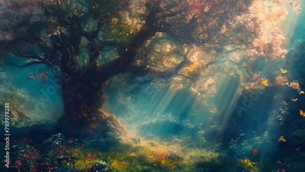 Fototapeta A big tree in the forest with shining sunlight 