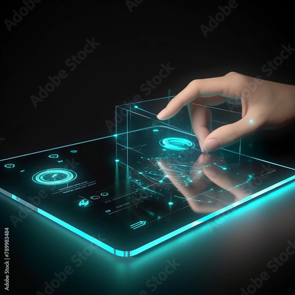 Fototapeta Holographic user interface floating above a sleek tablet, touch gestures by a user, modern computing