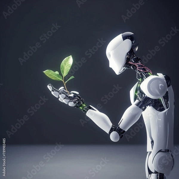 Fototapeta Sophisticated AI robot hand gently holding a small sprouting plant, symbolizing technology and nature harmony